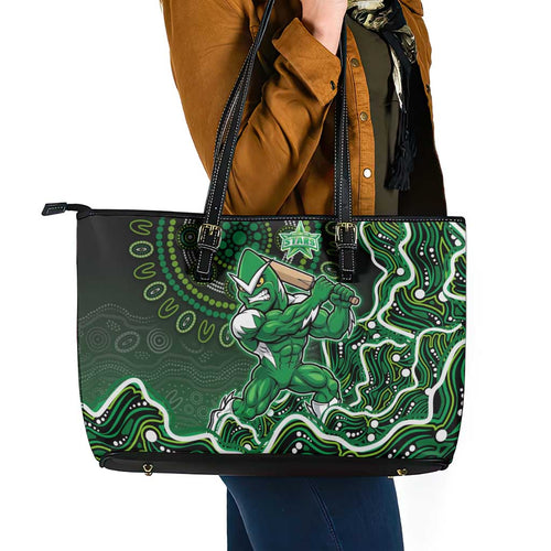 Melbourne Stars Cricket Mascot Leather Tote Bag Aboriginal Dot Art Green And Black Tribal Pattern