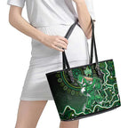 Melbourne Stars Cricket Mascot Leather Tote Bag Aboriginal Dot Art Green And Black Tribal Pattern