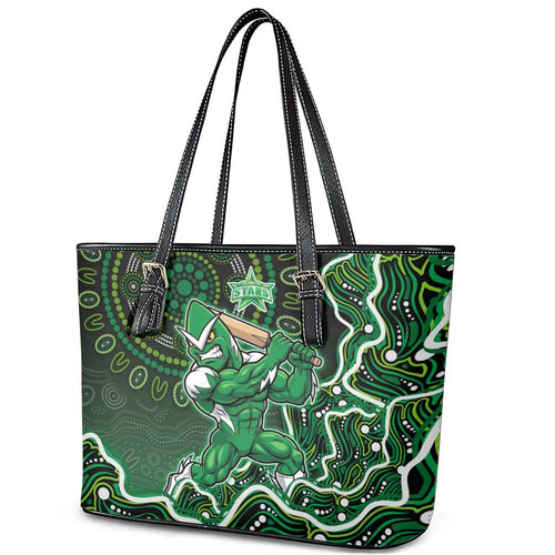 Melbourne Stars Cricket Mascot Leather Tote Bag Aboriginal Dot Art Green And Black Tribal Pattern