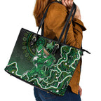 Melbourne Stars Cricket Mascot Leather Tote Bag Aboriginal Dot Art Green And Black Tribal Pattern
