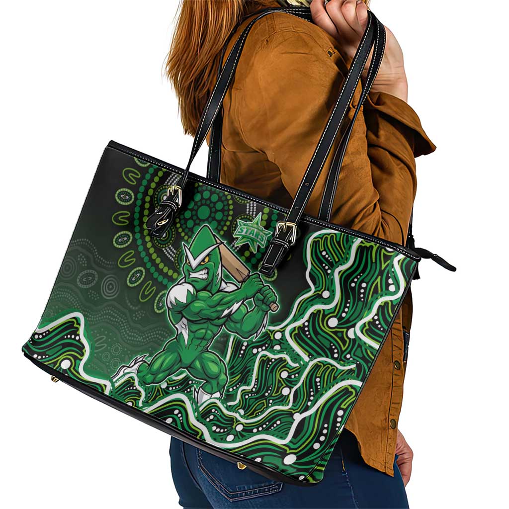 Melbourne Stars Cricket Mascot Leather Tote Bag Aboriginal Dot Art Green And Black Tribal Pattern