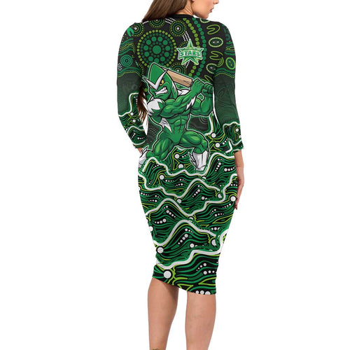Melbourne Stars Cricket Mascot Long Sleeve Bodycon Dress Aboriginal Dot Art Green And Black Tribal Pattern