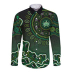 Melbourne Stars Cricket Mascot Long Sleeve Button Shirt Aboriginal Dot Art Green And Black Tribal Pattern