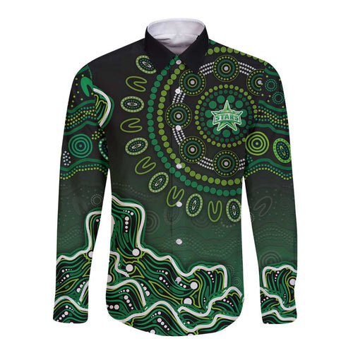 Melbourne Stars Cricket Mascot Long Sleeve Button Shirt Aboriginal Dot Art Green And Black Tribal Pattern
