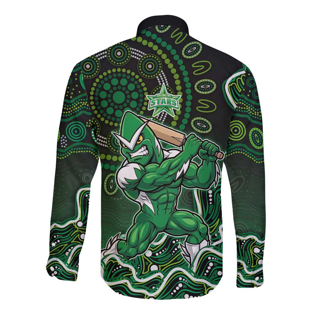 Melbourne Stars Cricket Mascot Long Sleeve Button Shirt Aboriginal Dot Art Green And Black Tribal Pattern