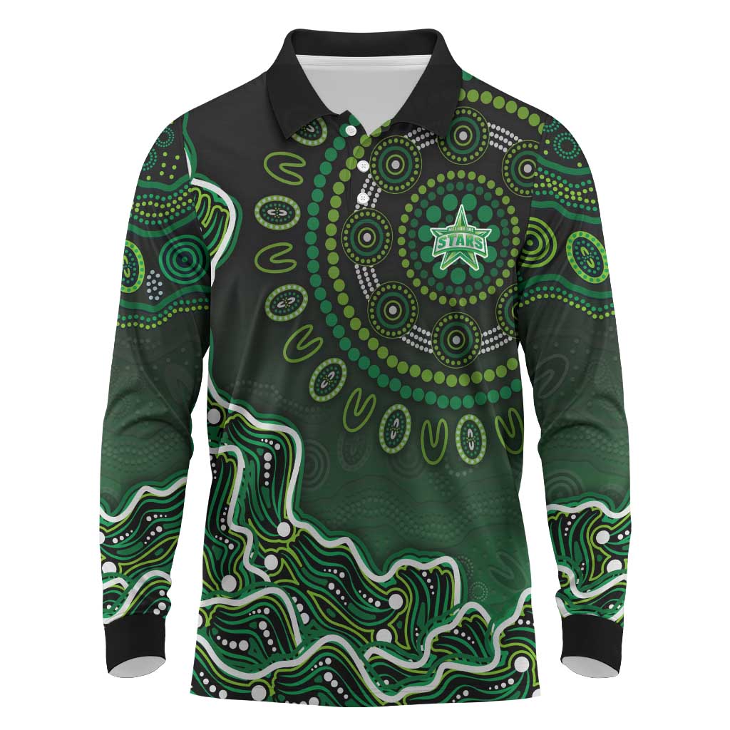 Melbourne Stars Cricket Mascot Long Sleeve Polo Shirt Aboriginal Dot Art Green And Black Tribal Pattern