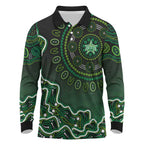 Melbourne Stars Cricket Mascot Long Sleeve Polo Shirt Aboriginal Dot Art Green And Black Tribal Pattern