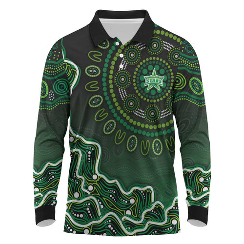 Melbourne Stars Cricket Mascot Long Sleeve Polo Shirt Aboriginal Dot Art Green And Black Tribal Pattern