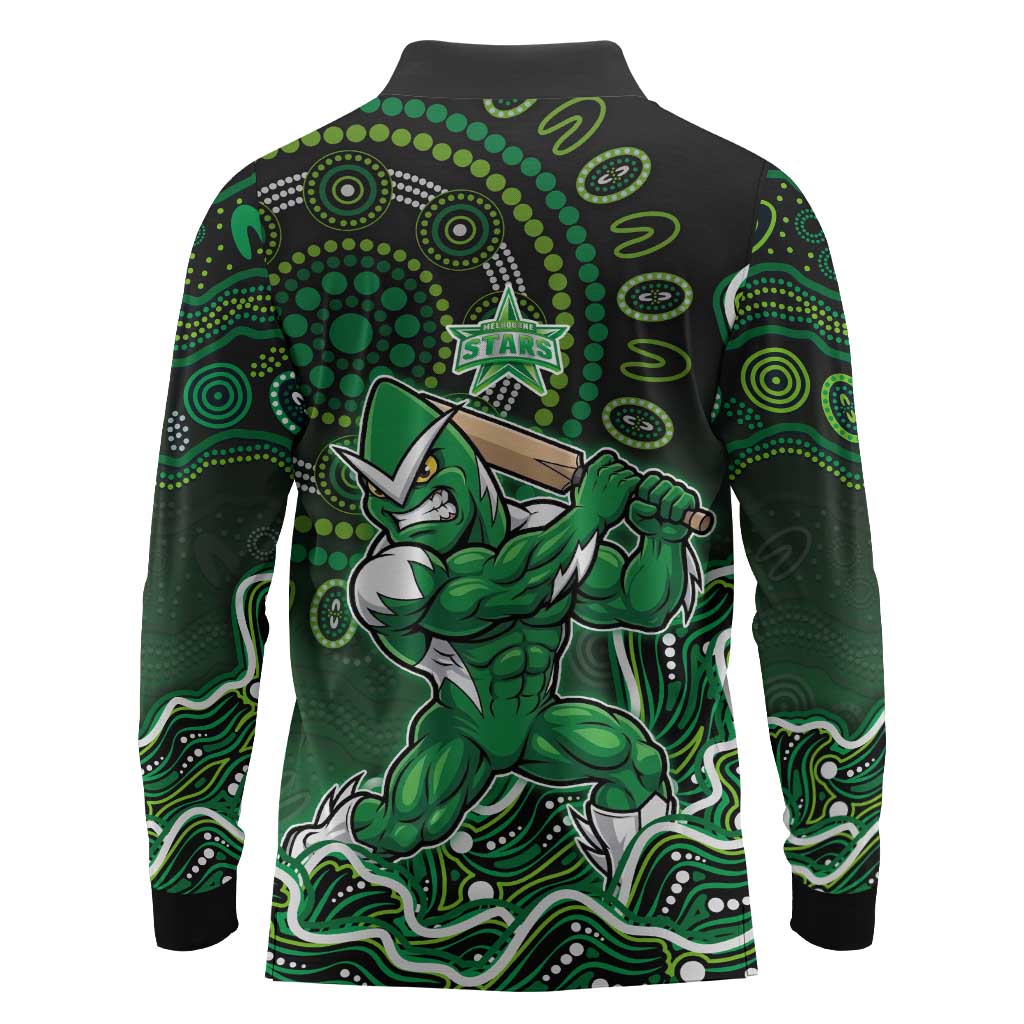 Melbourne Stars Cricket Mascot Long Sleeve Polo Shirt Aboriginal Dot Art Green And Black Tribal Pattern