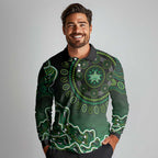 Melbourne Stars Cricket Mascot Long Sleeve Polo Shirt Aboriginal Dot Art Green And Black Tribal Pattern