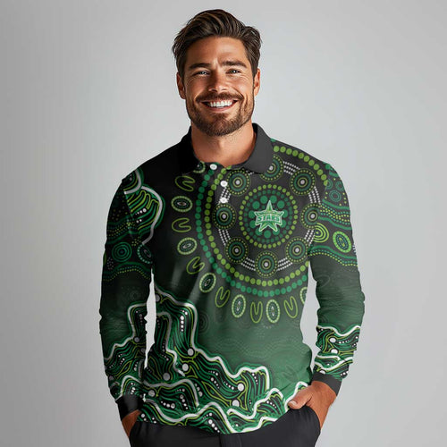 Melbourne Stars Cricket Mascot Long Sleeve Polo Shirt Aboriginal Dot Art Green And Black Tribal Pattern