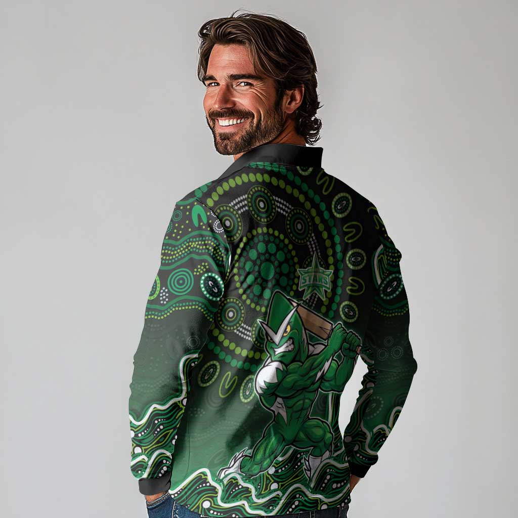 Melbourne Stars Cricket Mascot Long Sleeve Polo Shirt Aboriginal Dot Art Green And Black Tribal Pattern