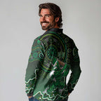 Melbourne Stars Cricket Mascot Long Sleeve Polo Shirt Aboriginal Dot Art Green And Black Tribal Pattern