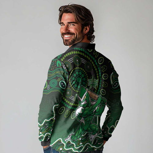 Melbourne Stars Cricket Mascot Long Sleeve Polo Shirt Aboriginal Dot Art Green And Black Tribal Pattern