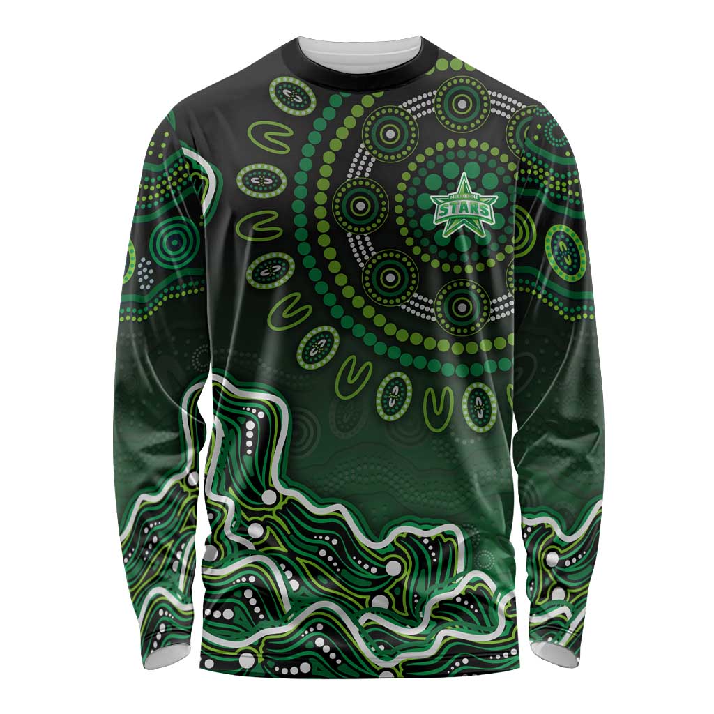 Melbourne Stars Cricket Mascot Long Sleeve Shirt Aboriginal Dot Art Green And Black Tribal Pattern
