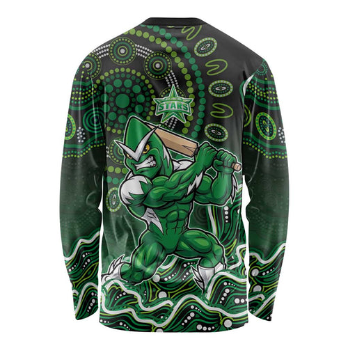 Melbourne Stars Cricket Mascot Long Sleeve Shirt Aboriginal Dot Art Green And Black Tribal Pattern