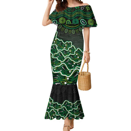 Melbourne Stars Cricket Mascot Mermaid Dress Aboriginal Dot Art Green And Black Tribal Pattern