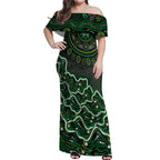 Melbourne Stars Cricket Mascot Off Shoulder Maxi Dress Aboriginal Dot Art Green And Black Tribal Pattern