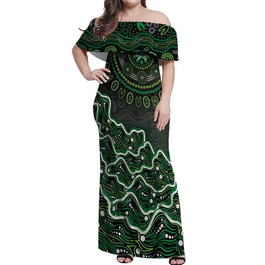 Melbourne Stars Cricket Mascot Off Shoulder Maxi Dress Aboriginal Dot Art Green And Black Tribal Pattern