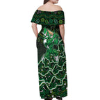 Melbourne Stars Cricket Mascot Off Shoulder Maxi Dress Aboriginal Dot Art Green And Black Tribal Pattern