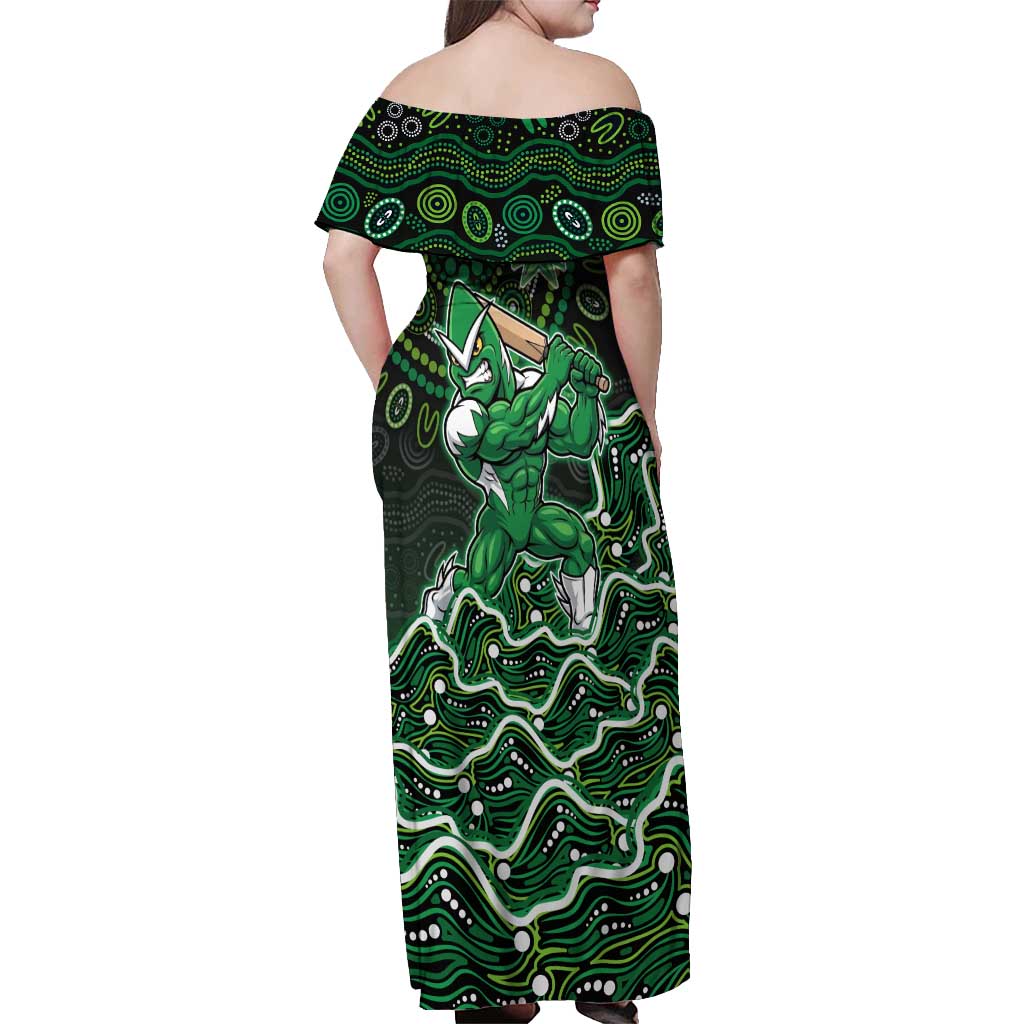 Melbourne Stars Cricket Mascot Off Shoulder Maxi Dress Aboriginal Dot Art Green And Black Tribal Pattern
