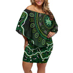 Melbourne Stars Cricket Mascot Off Shoulder Short Dress Aboriginal Dot Art Green And Black Tribal Pattern