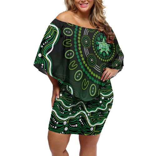 Melbourne Stars Cricket Mascot Off Shoulder Short Dress Aboriginal Dot Art Green And Black Tribal Pattern