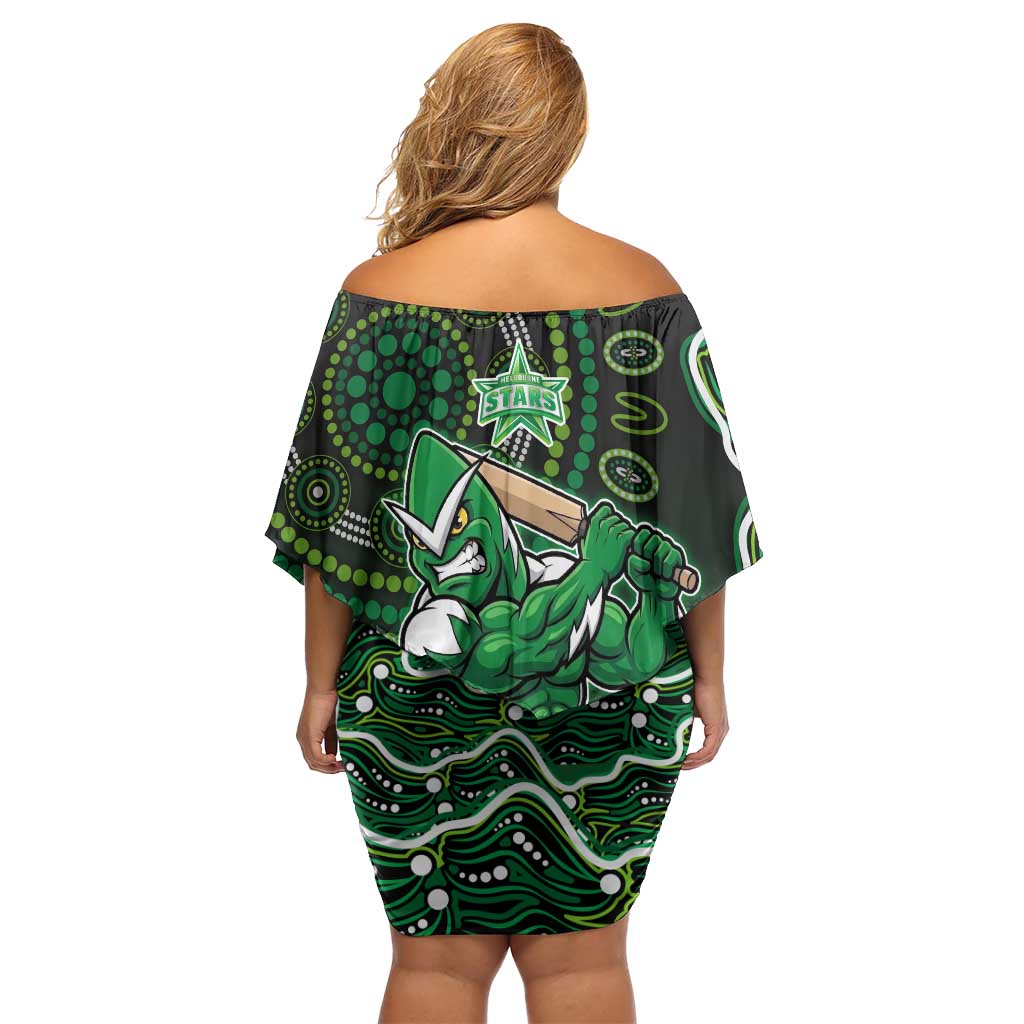 Melbourne Stars Cricket Mascot Off Shoulder Short Dress Aboriginal Dot Art Green And Black Tribal Pattern