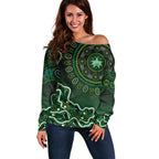 Melbourne Stars Cricket Mascot Off Shoulder Sweater Aboriginal Dot Art Green And Black Tribal Pattern