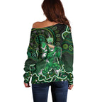 Melbourne Stars Cricket Mascot Off Shoulder Sweater Aboriginal Dot Art Green And Black Tribal Pattern