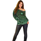 Melbourne Stars Cricket Mascot Off Shoulder Sweater Aboriginal Dot Art Green And Black Tribal Pattern