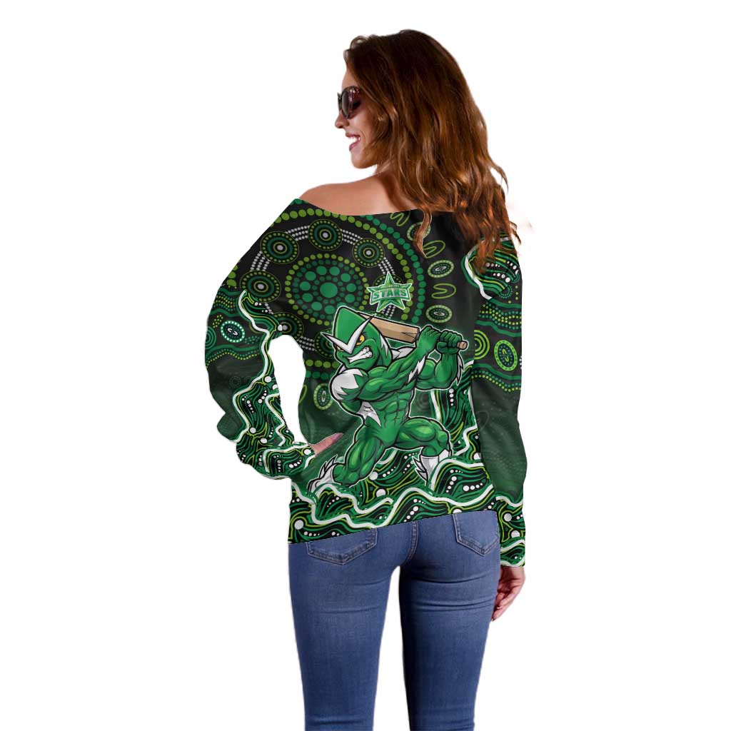 Melbourne Stars Cricket Mascot Off Shoulder Sweater Aboriginal Dot Art Green And Black Tribal Pattern