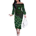 Melbourne Stars Cricket Mascot Off The Shoulder Long Sleeve Dress Aboriginal Dot Art Green And Black Tribal Pattern