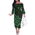 Melbourne Stars Cricket Mascot Off The Shoulder Long Sleeve Dress Aboriginal Dot Art Green And Black Tribal Pattern