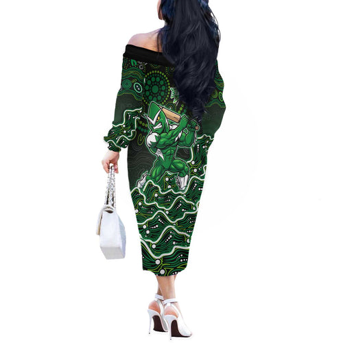 Melbourne Stars Cricket Mascot Off The Shoulder Long Sleeve Dress Aboriginal Dot Art Green And Black Tribal Pattern