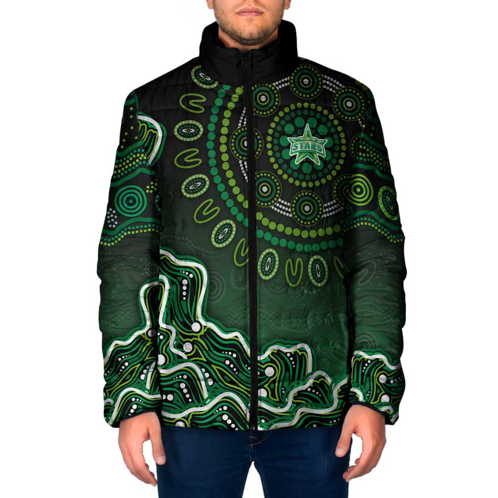 Melbourne Stars Cricket Mascot Padded Jacket Aboriginal Dot Art Green And Black Tribal Pattern