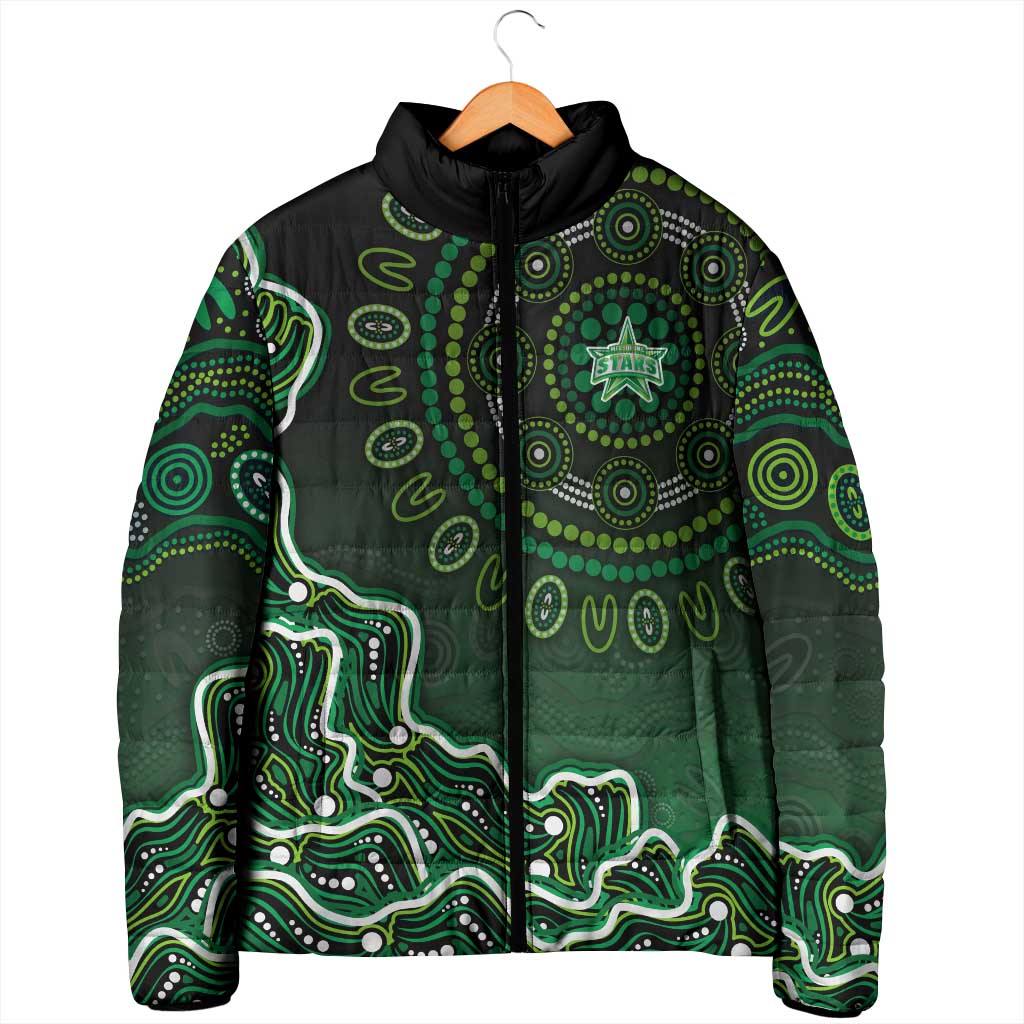 Melbourne Stars Cricket Mascot Padded Jacket Aboriginal Dot Art Green And Black Tribal Pattern