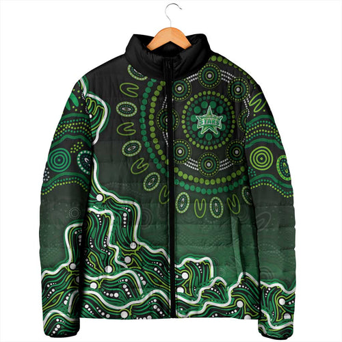 Melbourne Stars Cricket Mascot Padded Jacket Aboriginal Dot Art Green And Black Tribal Pattern