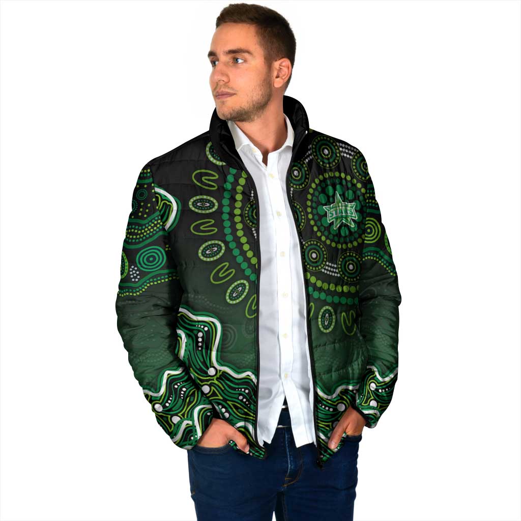 Melbourne Stars Cricket Mascot Padded Jacket Aboriginal Dot Art Green And Black Tribal Pattern