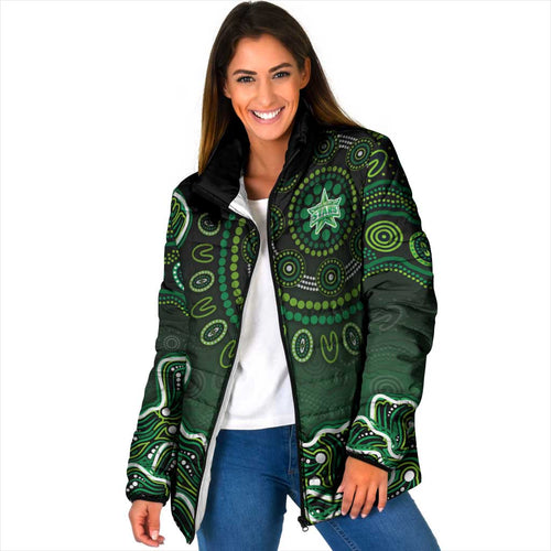Melbourne Stars Cricket Mascot Padded Jacket Aboriginal Dot Art Green And Black Tribal Pattern
