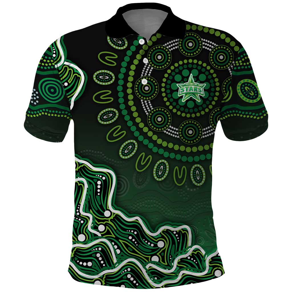 Melbourne Stars Cricket Mascot Polo Shirt Aboriginal Dot Art Green And Black Tribal Pattern