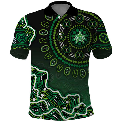 Melbourne Stars Cricket Mascot Polo Shirt Aboriginal Dot Art Green And Black Tribal Pattern