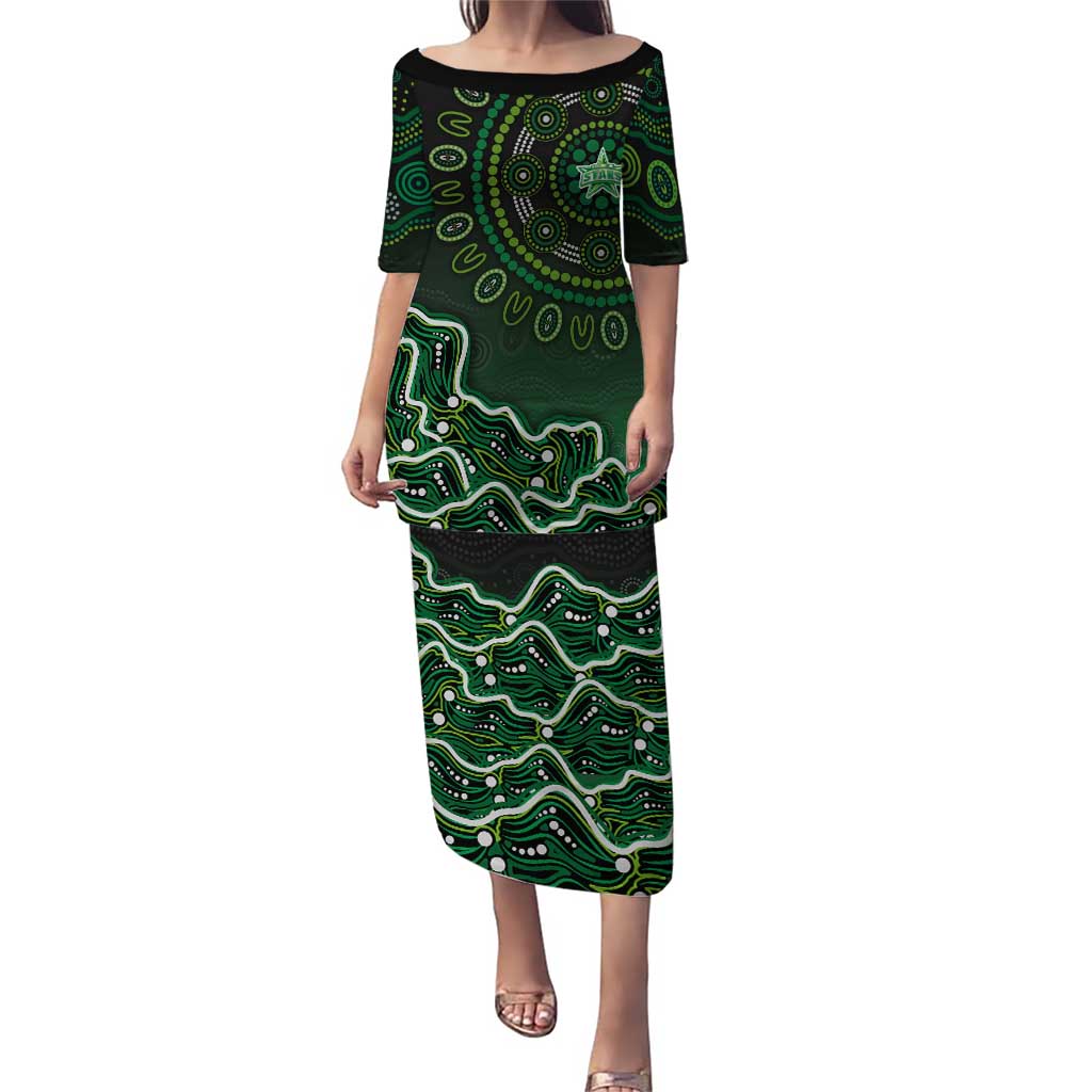 Melbourne Stars Cricket Mascot Puletasi Aboriginal Dot Art Green And Black Tribal Pattern