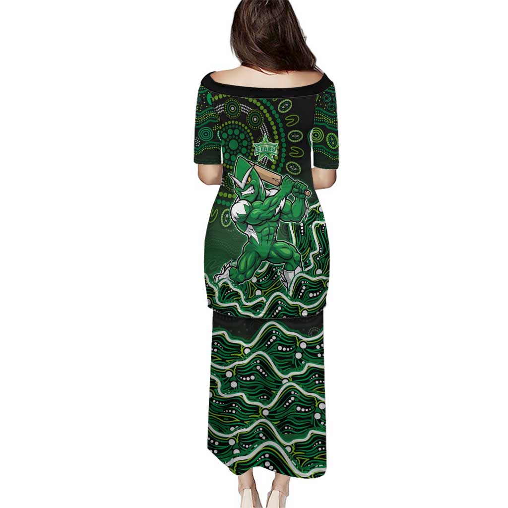 Melbourne Stars Cricket Mascot Puletasi Aboriginal Dot Art Green And Black Tribal Pattern