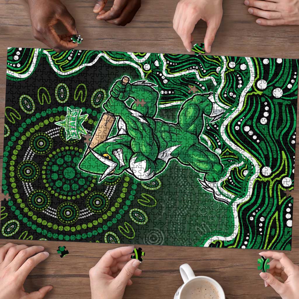 Melbourne Stars Cricket Mascot Puzzle Aboriginal Dot Art Green And Black Tribal Pattern