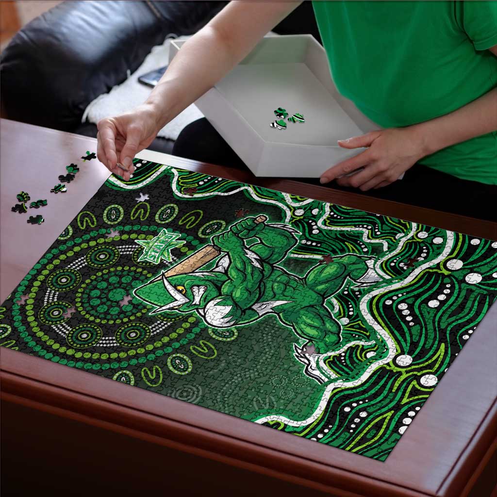 Melbourne Stars Cricket Mascot Puzzle Aboriginal Dot Art Green And Black Tribal Pattern