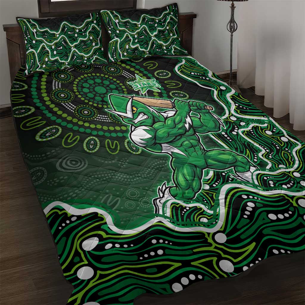 Melbourne Stars Cricket Mascot Quilt Bed Set Aboriginal Dot Art Green And Black Tribal Pattern