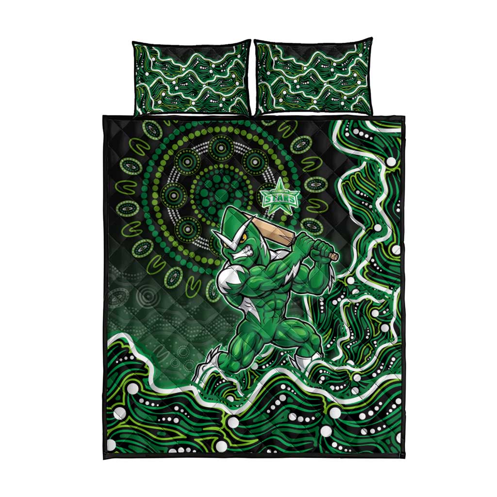 Melbourne Stars Cricket Mascot Quilt Bed Set Aboriginal Dot Art Green And Black Tribal Pattern