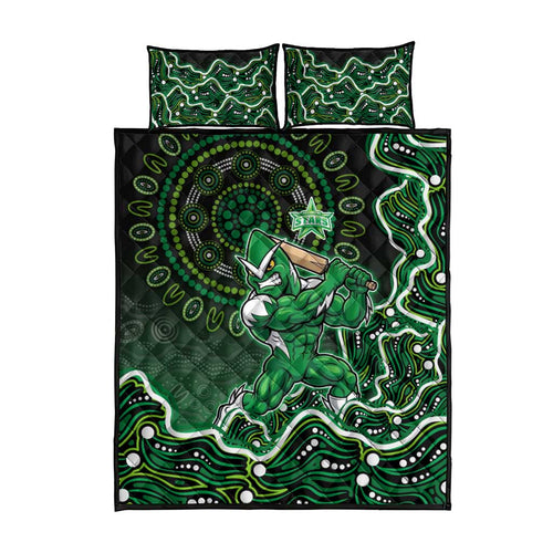 Melbourne Stars Cricket Mascot Quilt Bed Set Aboriginal Dot Art Green And Black Tribal Pattern
