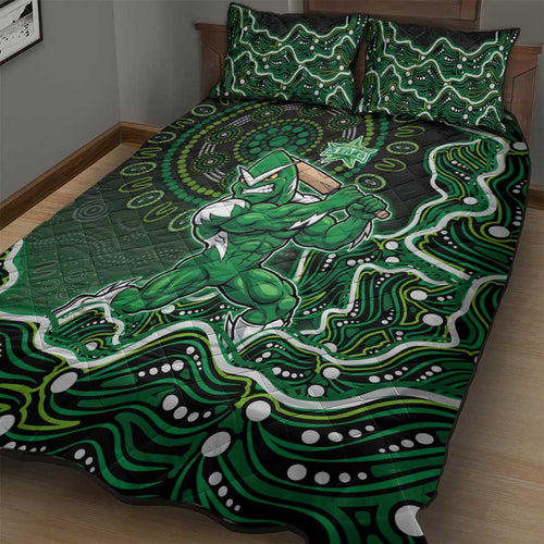 Melbourne Stars Cricket Mascot Quilt Bed Set Aboriginal Dot Art Green And Black Tribal Pattern